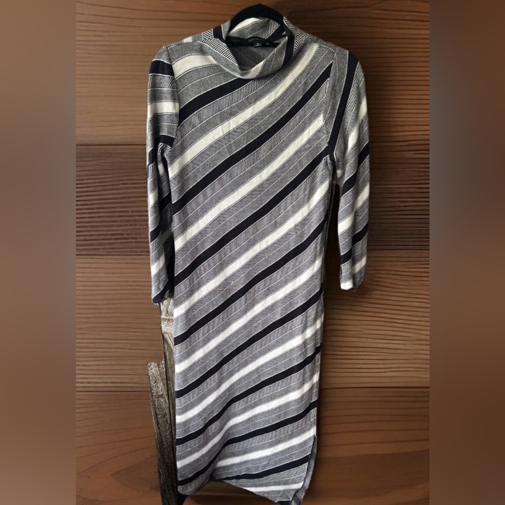 Ann Taylor Striped Academia Midi Dress - Navy & Cream wool blend M